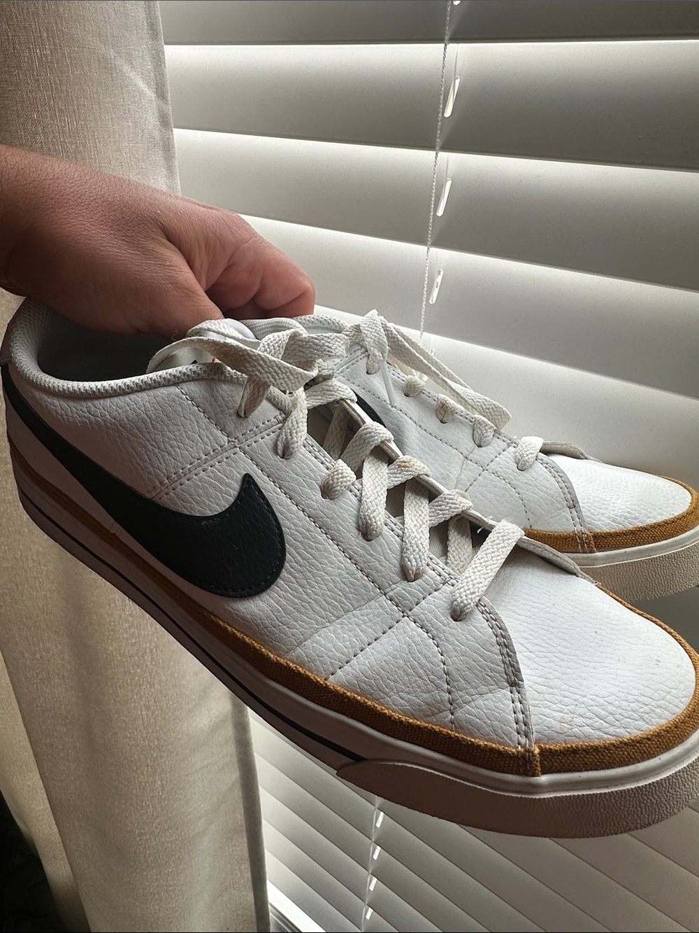Nike Men’s White Leather Sneakers with Black Swoosh and Brown Trim Nike legacy